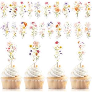 60 Pcs Baby in Bloom Cupcake Toppers Wildflower Baby Shower Decorations Flower Birthday Party Cake Toppers Floral Party Supplies