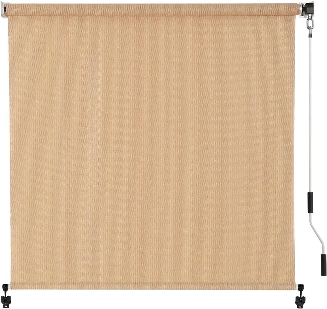 SEEYE Outdoor Sunshade Roller Shades 8' W x 6' H, Cordless Roll Up Shade Blinds Privacy Screen with 90% UV Protection, Exterior Patio Shade Cloth for Porch Pergola Balcony Backyard Windows, Walnut