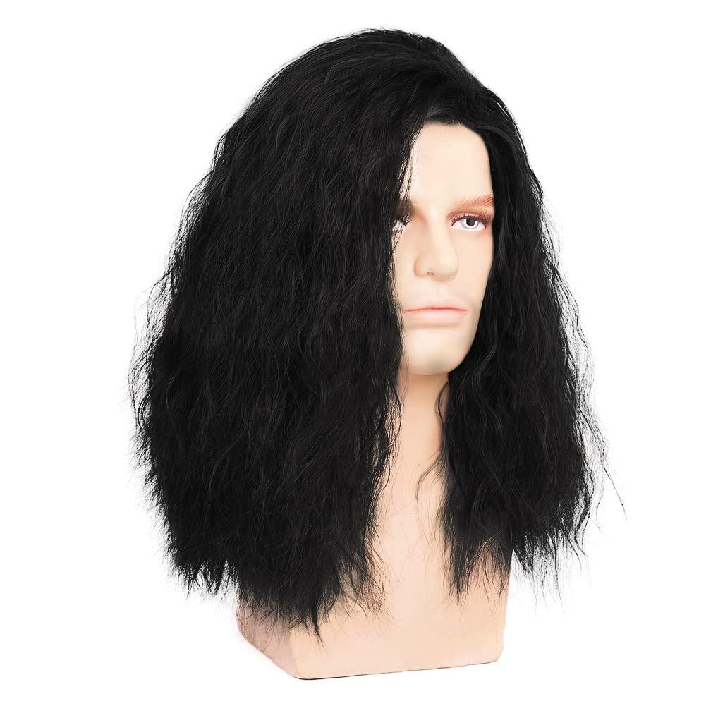 Kaneles Mens Long Curly Black Wig Side Part Fuffy 80s Rocker Wig Synthetic Hair Halloween Cosplay Anime Costume Wig for Male Guy