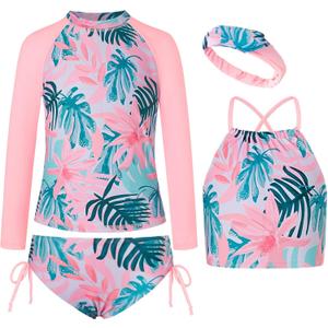 GRACE KARIN Girl Long Sleeve Swimsuit Size 10 Rash Guard Tankini Set Kids Bathing Suit 4 Piece UPF50+ Beach Swimwear