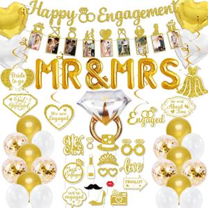 Gold Engagement Party Decorations Glitter happy Engaged Banner, MR and MRS Balloons, Hanging Swirl,balloons, Ring Balloons for Wedding Engagement Party Decor