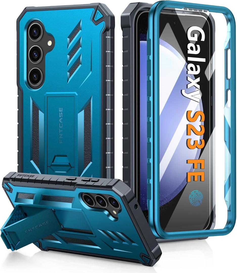 FNTCASE for Samsung Galaxy S23-FE Case: Military Grade Protective Hard Phone Case with Kickstand | Screen Protector | Shockproof TPU Full Protection Drop Proof Phone Cover for Galaxy S23 FE 5G Blue