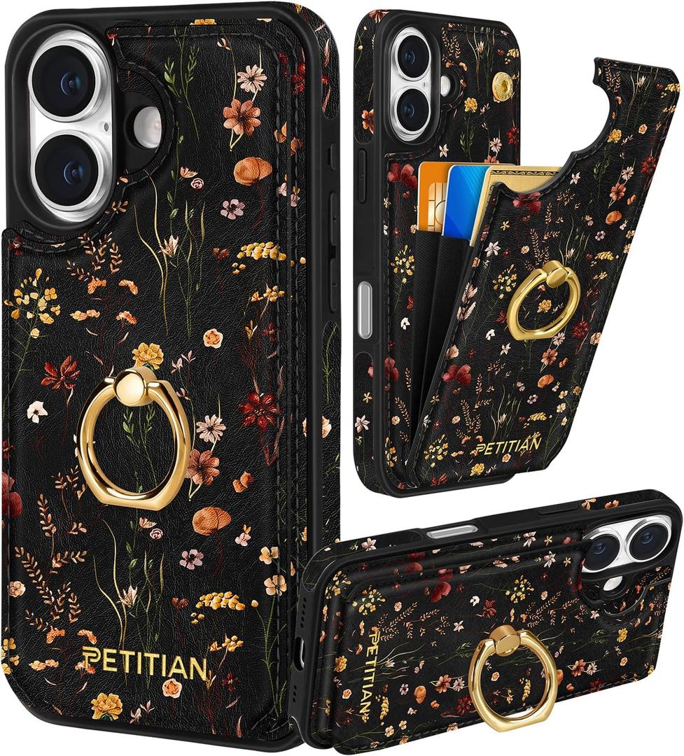 Petitian for iPhone 17 Case with Wallet - Women Girls Cute Girly Aesthetic Unique Design Leather Credit Card Holder Cardholder 360 Rotatable Ring Stand for iPhone 17, Grow Flower