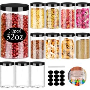 SLifeJars Clear Plastic Jars 32oz 12Pack Big Round PET Plastic Containers with Black Screw On Lids Reusable Empty Storage Jars with Lid Clear Containers for Household and Kitchen Organizing