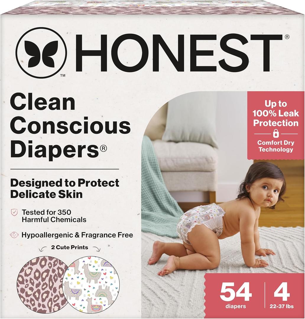 The Honest Company Clean Conscious Diapers for Delicate Skin | Up to 100% Leakproof | Hypoallergenic, Fragrance Free | Girl Prints | Club Box, Size 4 (22-37 lbs), 54 Count (Prints May Vary) (Wild Thang + All the Alpacas)