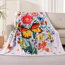 Floral Blanket Ultra Soft Butterfly Flowers Throw Blankets Wildflower Leaves Flannel Fleece Throw Watercolor Warm Cozy Fuzzy Plus Gift Cabin Blanket for Bed Sofa, 50" X 60" (Orange Butterlfy)