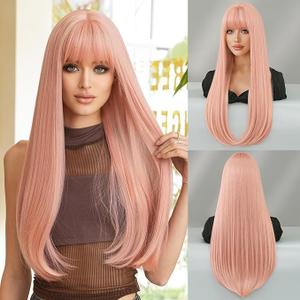 Peach Pink Wig with Bangs for Women 28 Inch Long Straight Synthetic Wig Natural Looking Heat Resistant Fiber Hair for Daily Party Cosplay Use