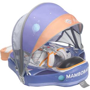 Mambobaby Float Upgrade Add Tail Baby Float with Canopy for Infant Waist Swimming Ring Swim Trainer Non-Inflatable Floats Toys with Adjustable Safety Strap (Blue - Astronauts)