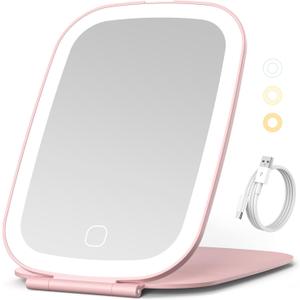 NEZZOE Travel Mirror with LED Light, Rechargeable Portable Lighted Makeup Mirror, 3 Lighting Modes Dimmable Touch Control, Foldable Compact Vanity Mirror for Travel Tabletop, 7x5 Inch