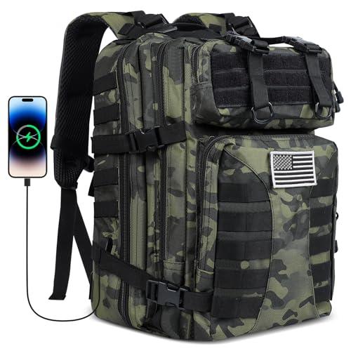 Ksttog Military Tactical Backpack for Men - 45L Large Assault Tactical Backpacks Molle Hiking Pack 3 Days Bug Out Bag - Waterproof Tactical Rucksack for Camping/Traveling/Gym/Fishing - Black Camo