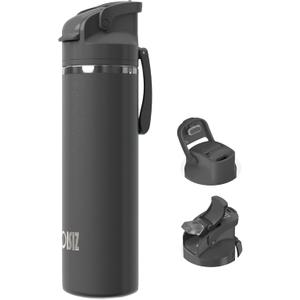 OISIZ Insulated Water Bottle 24 oz with 2 in 1 Spout and Straw Lid,One Click Safety Lock,100% Leakproof,Keep Cold 24H,Vacuum Stainless Steel Water Bottle for School,Travel and Sports,Dishwasher Safe (coal grey)