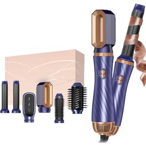 Blow Dryer Brush, 6 in 1 Detachable Hair Dryer Brush Air Curler Air Styler Wrap, Hair Styling Tool Travel, Curly Twist Hot Curling Iron, Blow Dryer Hot Styler Negative Ion (Blue Gold)
