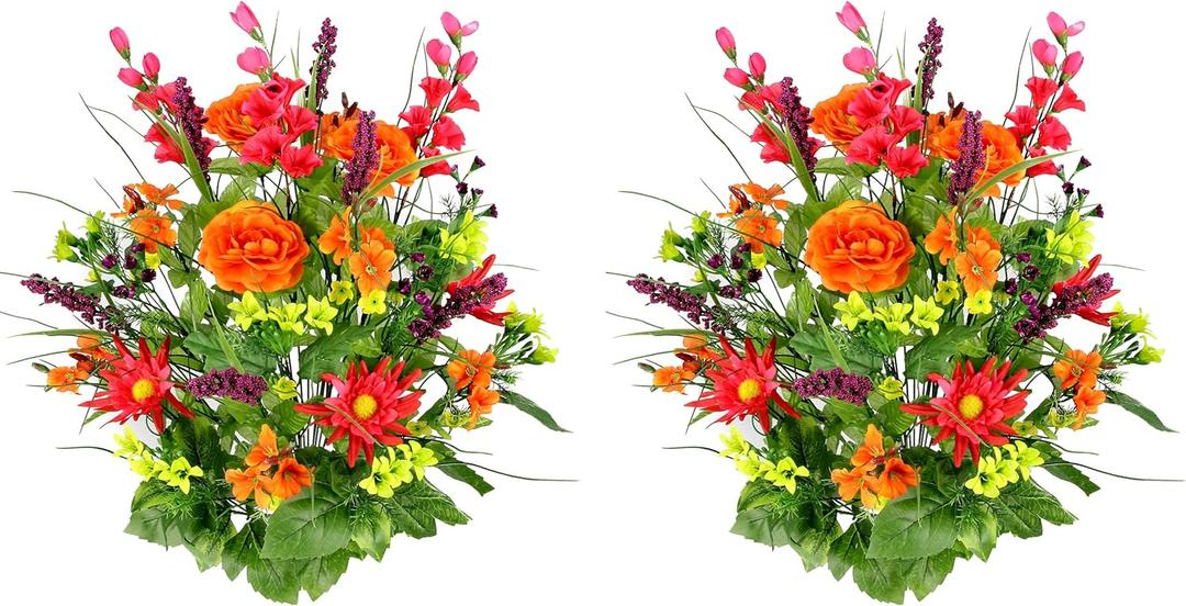 Admired By Nature 2pcs of 30 Stem Artificial Flowers Morning Glory & Ranunculus Bush Spring Faux Flower Arrangement for Indoor Wedding Home Decor, Cemetery Decorations, Beauty Orange Yellow Kiwi (Large, Bt/Or/Yw/Kw-dahlia)