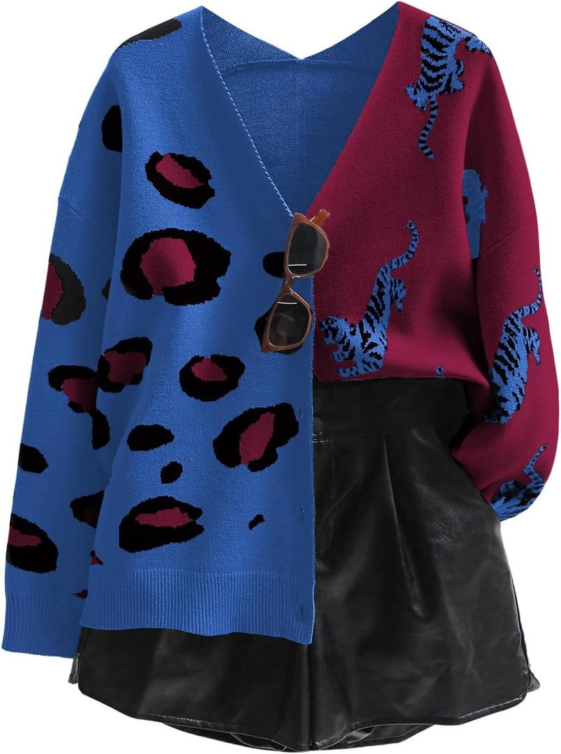 WDIRARA Women's Leopard Tiger Print Cardigan V Neck Long Sleeve Color Block Button Down Sweater Outwear (Medium, Purple and Blue)