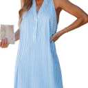 CUPSHE Womens Summer Dresses V Neck Sleeveless Striped Button Up Mini Casual Coverup Dress (Medium, Blue)