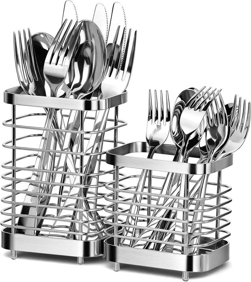 Utensil Holder, Stainless Steel Utensil Drying Rack for Kitchen Counter, Silverware Cutlery Flatware Holder Forks, Knives, Spoons, Chopsticks Organizer (Silver, Tall & Short)