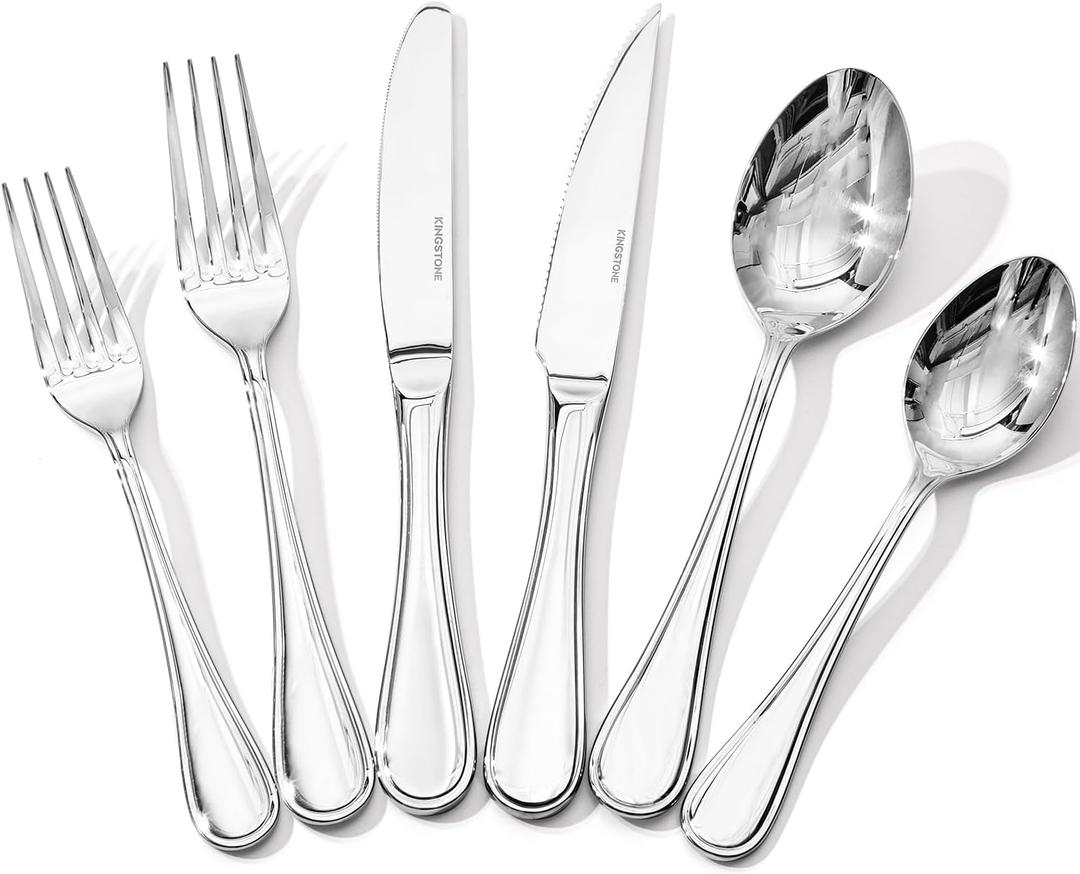 KINGSTONE 48 Piece Teardrop Silverware Set with Steak Knives, 18/10 Stainless Steel Flatware Set for 8, Modern Design Cutlery Set for Home/Hotel/Wedding,Mirror Polished and Dishwasher Safe