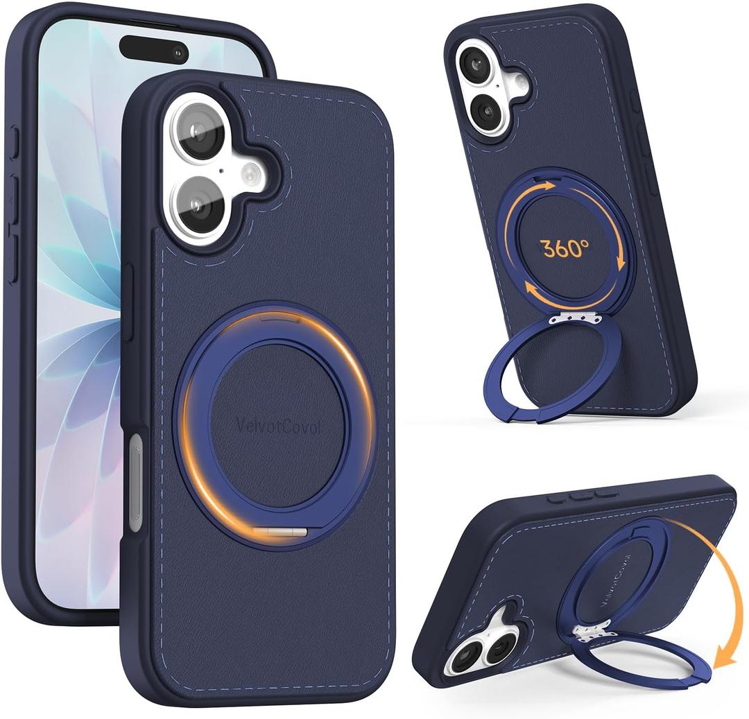 for iPhone 17 Case [360 Rotatable Stand][17FT Military-Grade Drop Protection][Premium PU Leather] Tactile Clicking Sound Slim Magnetic Kickstand iPhone 17 Cover, Blue