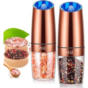 Rongyuxuan Electri Gravity Salt and Pepper Grinder Set, Ceramic Rotor, Stainless Steel,Blue LED Light,Battery Powered, Adjustable Coarseness, Support One Hand Use, Ideal partner for kitchens, Copper