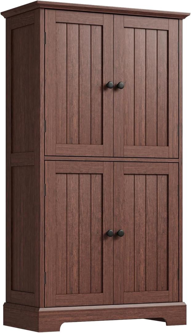 ChooChoo Bathroom Floor Cabinet, Farmhouse Bathroom Storage Cabinet with 4 Doors and Adjustable Shelves, Pantry Cabinet for Living Room, Kitchen, Walnut (11.81"D x 23.62"W x 43.31"H)