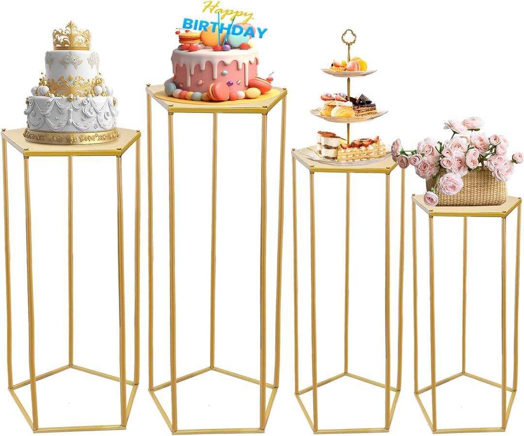 4pcs Reinforced Cylinder Pedestal Stand for Party - 35.43 in Gold Pentagon Cake Table Display Set Flower Stand for wedding Birthday Party Home Patio Decor Plant Stand (Assembly Required)