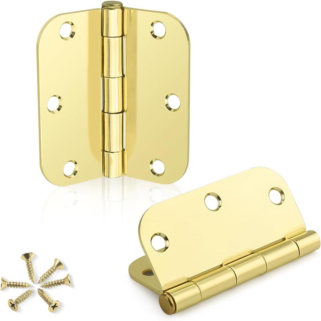 KNOBWELL 6 Pack 3.5 inch Brass Door Hinges No Squeak Interior Door Hinges Rounded for Exterior&Interior Satin Brass Heavy Duty Door Hardware