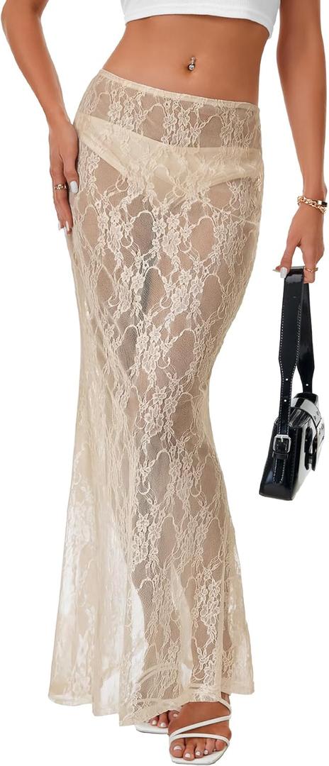 Rooscier Women's Lace A Line Sheer Maxi Skirt High Waist Summer Sexy Beach Skirts XL