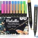 18Pcs Metallic Markers Pens, Glitter Marker Pens & Acrylic Paint Pens for Rock Painting, Glass, Wood, Fabric, Glitter Markers for Adults DIY Crafts, Drawing, Birthday Gift, Black Paper, Scrapbooking
