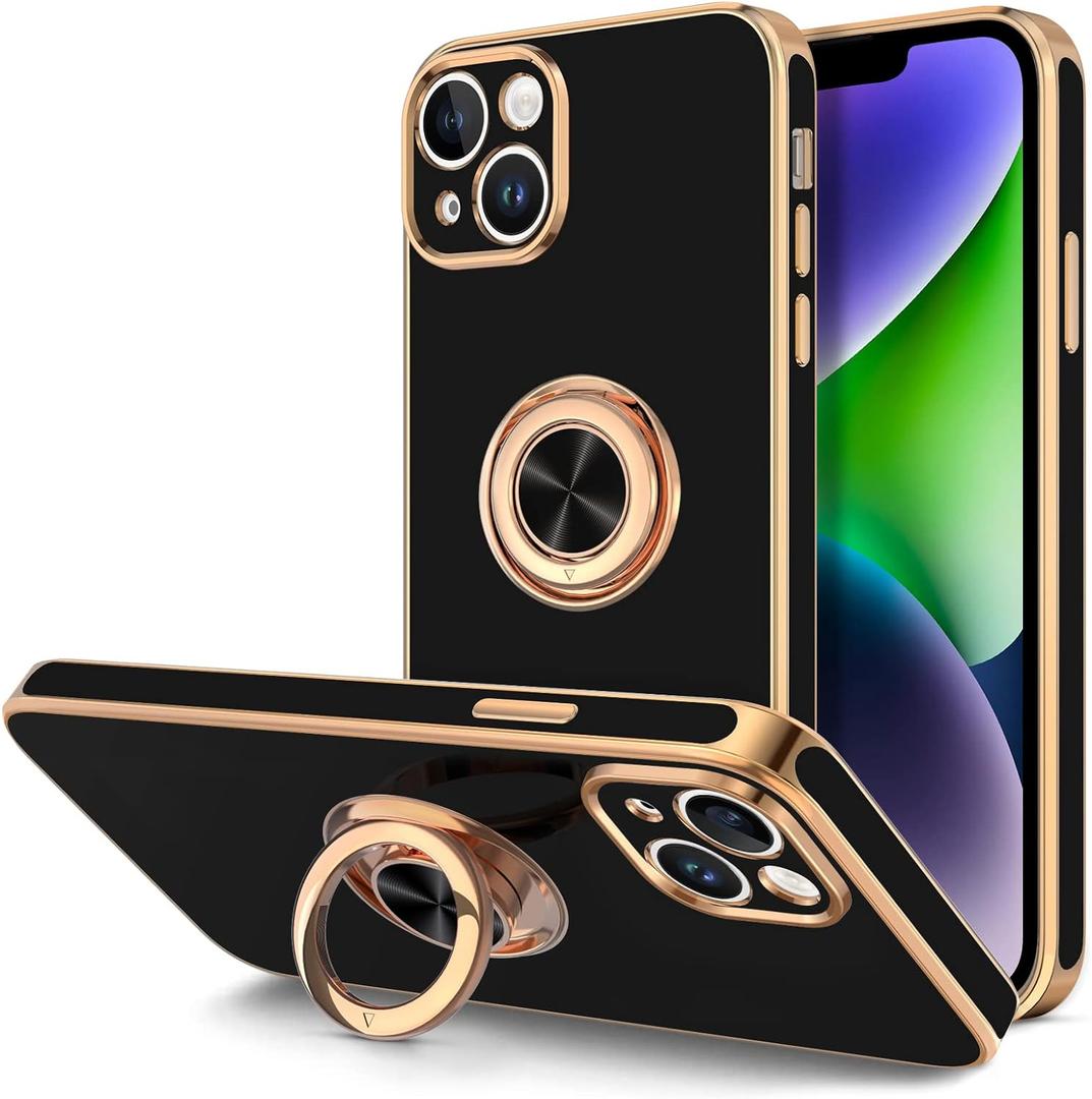 Hython for iPhone 14 Plus Case with Ring Stand [360 Rotatable Ring Holder Magnetic Kickstand] [Support Car Mount] Plated Gold Edge Soft TPU Luxury Shockproof Protective Phone Case Cover, Black
