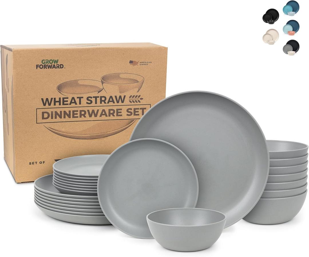 Grow Forward 24-piece Premium Wheat Straw Dinnerware Sets for 8 - Unbreakable Dishwasher & Microwave Safe Plastic Plates and Bowls Sets - Patio, Outdoors, RV, Camping Dishes - Feather
