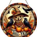 Autumn Wreath,12 Inch Crow and Scarecrow Fall Wreaths for Front Door,Wood Hanging Sign Halloween Door Decorations Autumn Hanging Wall Decor for Farmhouse Home Indoor Outdoor Party Supplies (Styl 7)