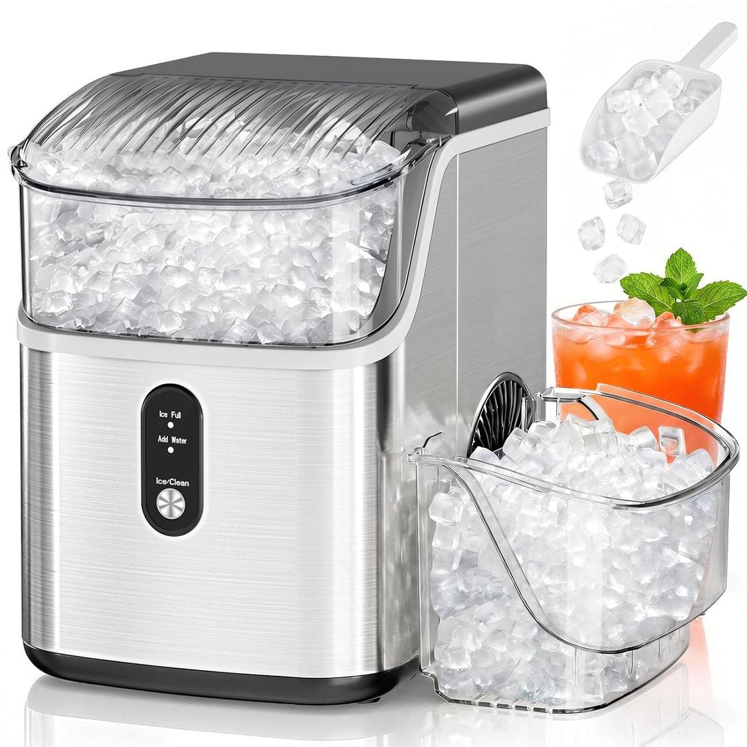 Antarctic Star Nugget Ice Maker Countertop, 35lbs/24H, Soft Chewable Ice, Self-Cleaning, Fast Making in 8 Mins, Portable Ice Machine with Handle, Ice Basket & Scoop, Stainless Steel Silver