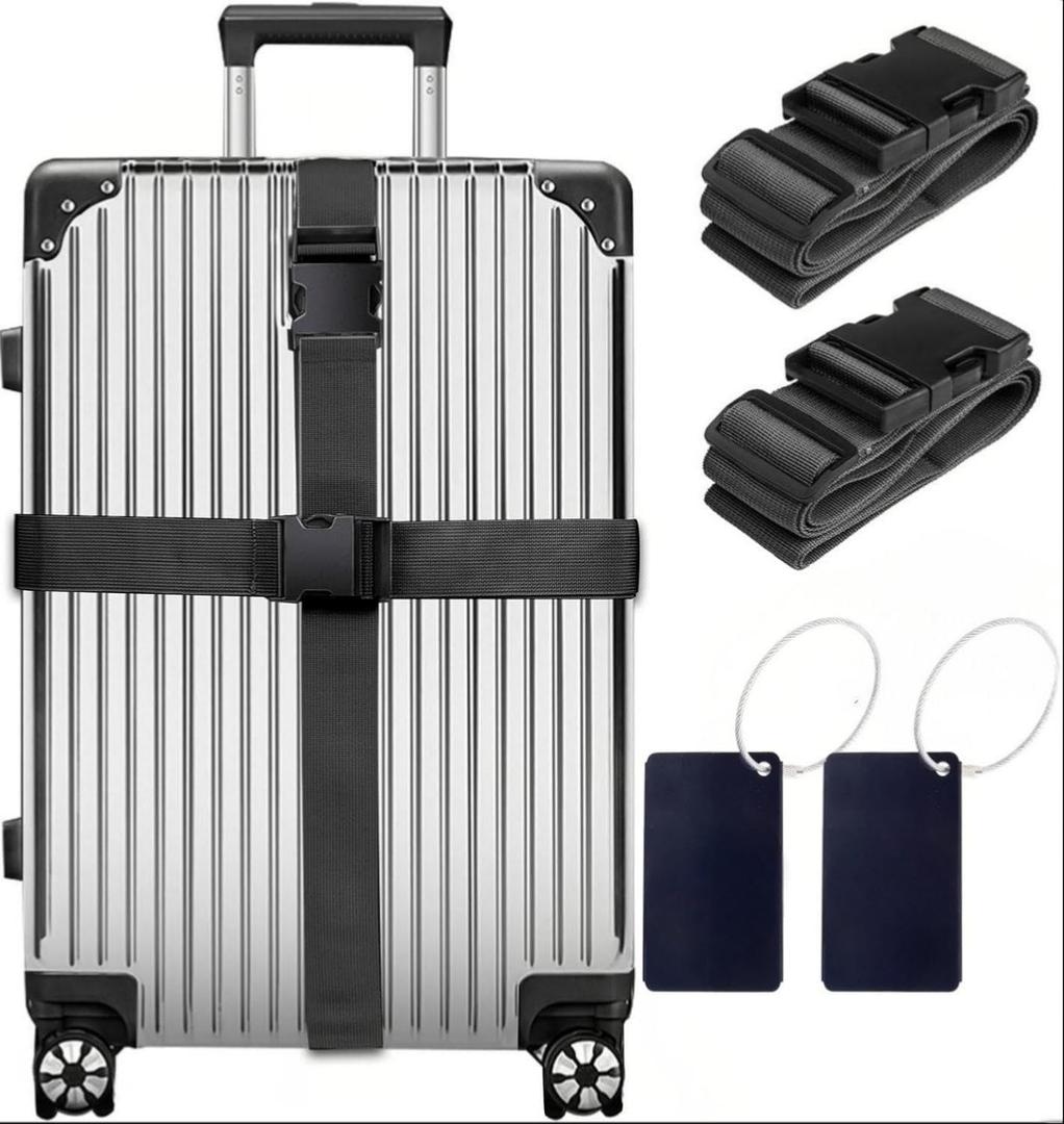 2 x 4-piece Set of Lockable Luggage Straps - Two Luggage Straps and Two Luggage Tags to Protect Your Luggage from Bursting, Suitable for suitcases 20-32 in(Black Strap (excluding Password Lock))