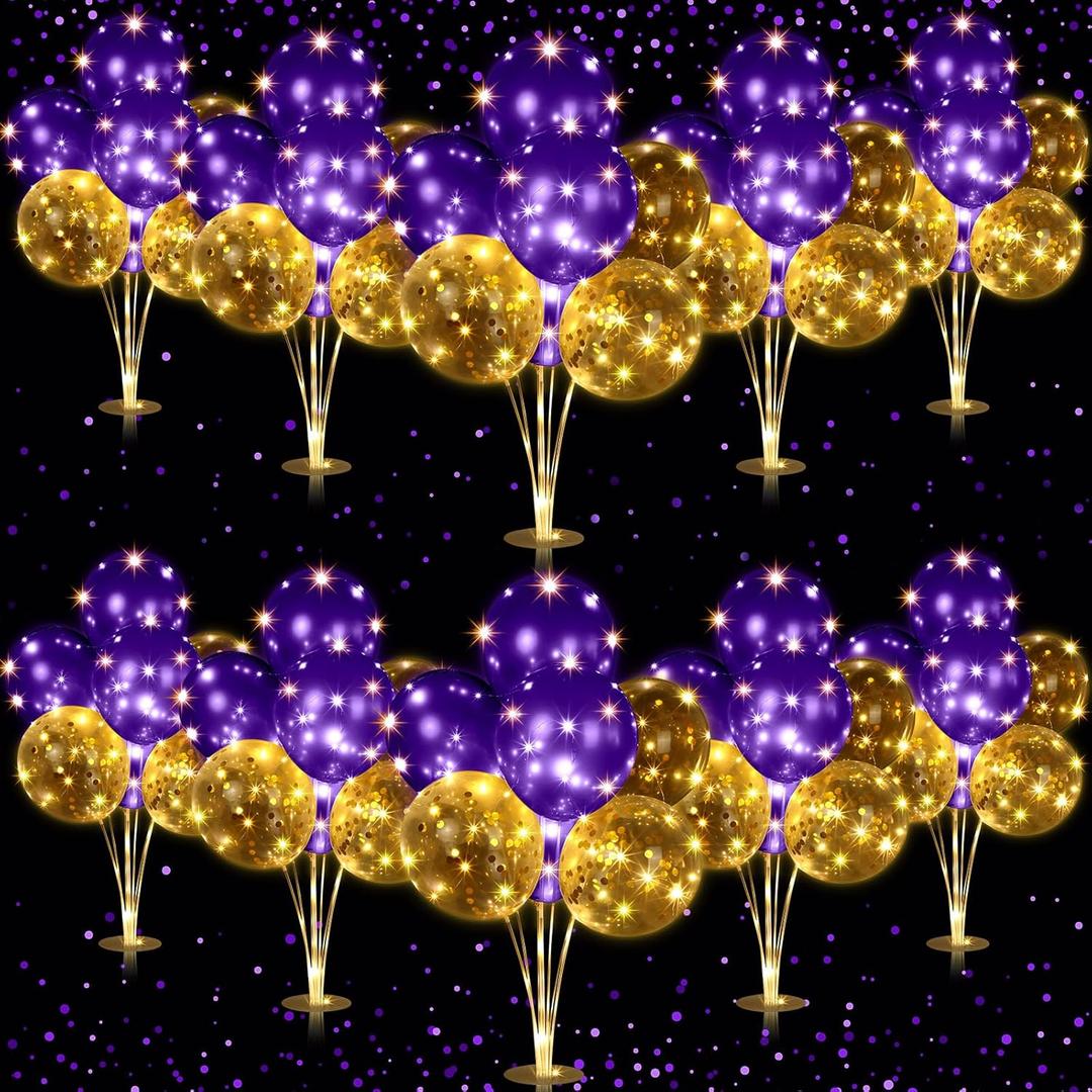 Junkin 10 Set Balloon Stand Kit for Centerpiece with LED String Light 100 Pcs Balloons Light up Table Balloon Stand Centerpieces for Graduation Wedding Baby Shower Birthday(Purple)