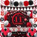 11th Birthday Decorations for Boys Girls Red and Black, Happy 11th Birthday Backdrop Banner, 11 Birthday Party Decoration Tablecloth Balloons Triangle Flag, 11 Year Old Boy Bday Party Supplies