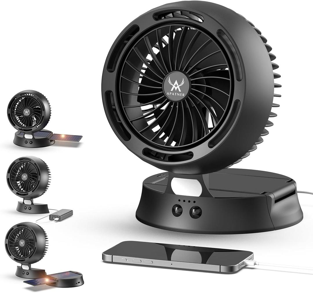 Rechargeable Solar Fan Outdoor for Camping - 10400mAh Battery Operated Fans Solar Portable Tent Fan for Greenhouse,LED Lantern,4 Speeds with PowerBank for Car,Ship,Carnival (Black)