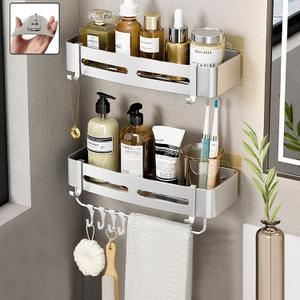 Shower Shelf-2 Tier Rustproof Bonded Shower Caddy -Wall-Mounted Shower Holder-8 Hooks,Towel Bars-Shower Accessories Bathroom Organiser-No Drilling Required for Installation