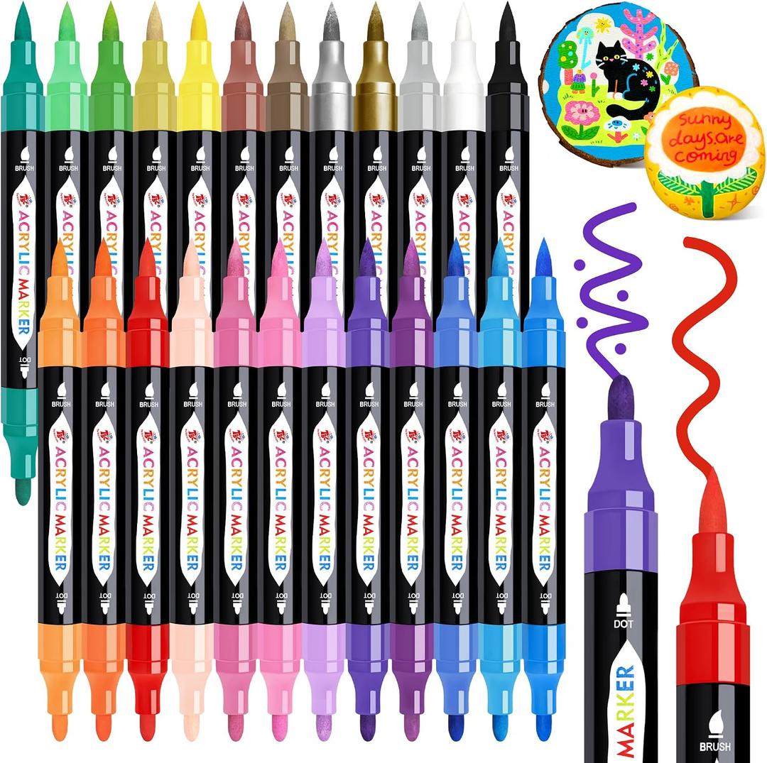 TBC The Best Crafts 24 Colors Dual Tip Acrylic Paint Markers, Waterproof, Non-Toxic, Odorless, Suitable for Paper, Pottery, Stones, Backpacks, Glass