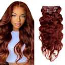 22 Inch #33 Brown Clip in Hair Extensions,Soft Real Human Hair 120g 7pcs,Brazilian Remy Reddish Brown Clip ins,Copper Red Long Wave Clip ins Hair Extensions