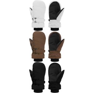 SATINIOR 3 Pairs Kids Snow Mittens Waterproof Winter Ski Gloves Warm Thicken Snow Gloves for Girls Boys (3-5 Years, White, Coffee, Black)