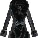 GRAN ORIENTE Women's Faux Leather Coat with Faux Fur Collar,Winter Warm Belted Mid Length Trim Jacket Fur Lined with Hood (Black)