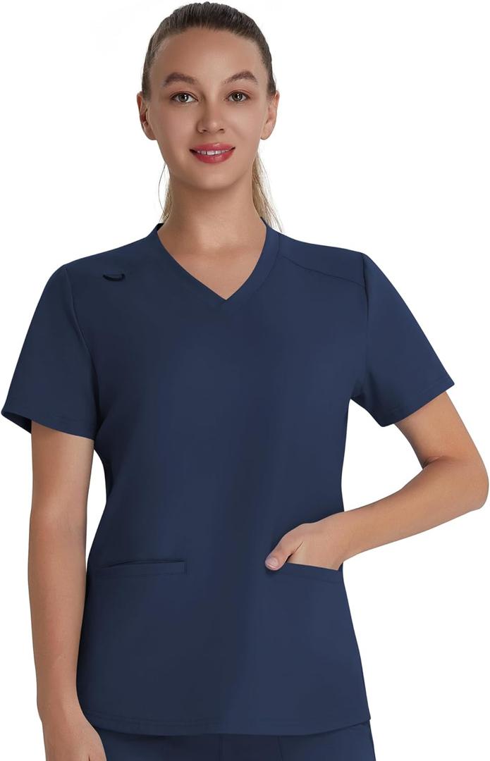 QBK Scrub Top for Women – Soft Stretch V-Neck Scrubs with 2 Inset Slip Pockets and a Curved Hemline, Easy Care, Navy Small