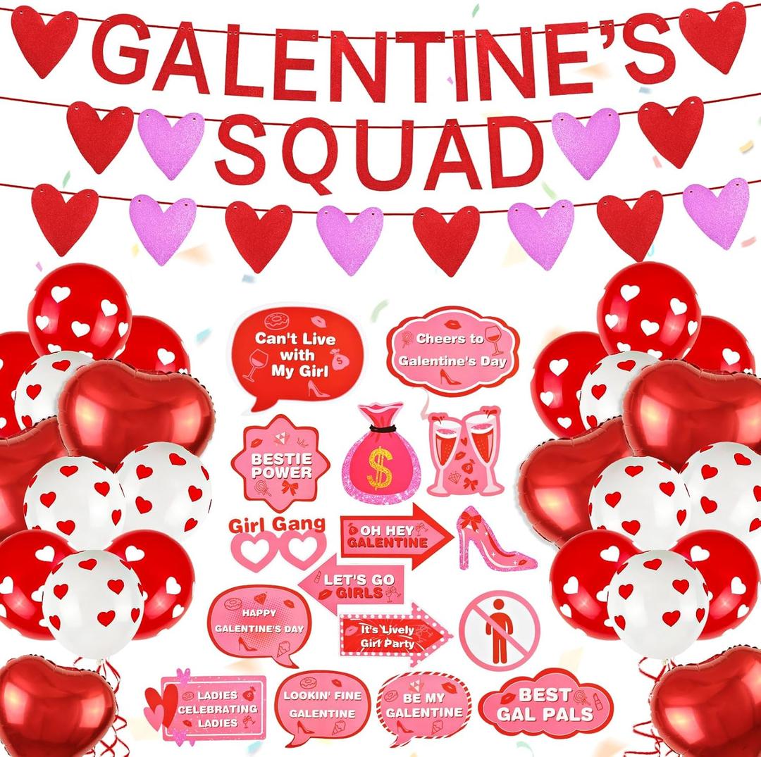 Galentine's Day Decorations Kit Red Glittery Galentines Squad Banner Garland Heart Shaped Balloons Photo Booth Props for Ladies Party Decor