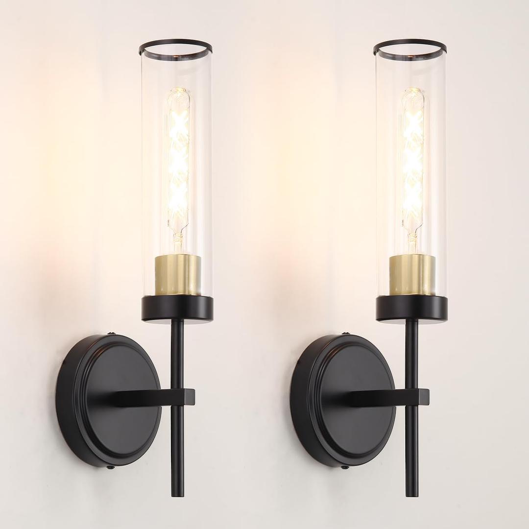 Wall Sconces Set of Two, Black and Gold Bathroom Sconces Wall Lighting with Clear Glass, Modern Sconces Wall Decor Set of 2, Farmhouse Wall Mount Lights for Mirror Bedroom Living Room Hallway Kitchen