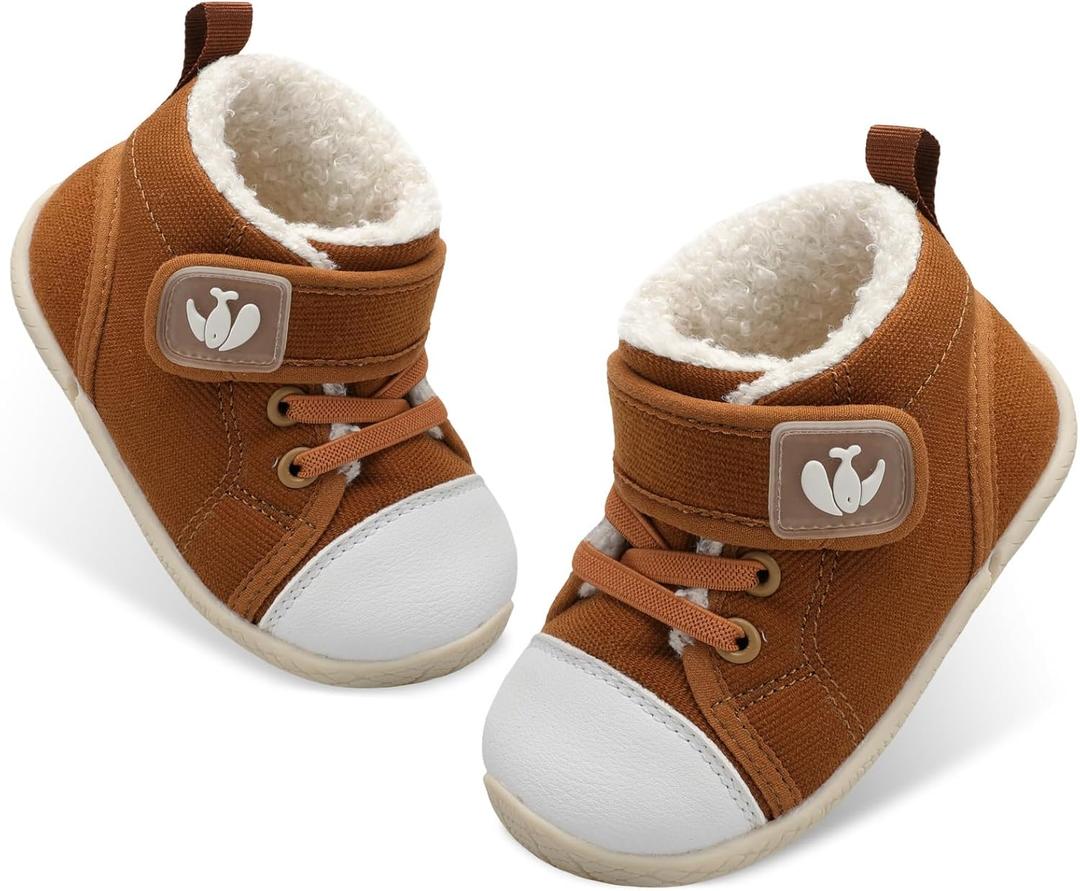 FEETCITY Baby Boots Boys Girls Infant Slippers Cozy Fleece Boots First Walking Shoes Warm Socks Newborn Crib Shoes (0-6 Months Infant, Brown)