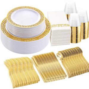 WELLIFE 350Pcs Gold Dinnerware Sets, Plates and Napkins Party Supplies Include:50 Dinner Plates, 50 Dessert Plates, 50 Paper Napkins, 50 Cups, 50 Gold Plastic Cutlery Set