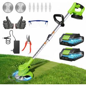 Cordless Weed Wacker Brush Cutter 21V Lightweight Electric Weed Eater | 2x 2.0Ah Battery Powered Weed Trimmer for Small Yard Lawn Edger and Garden Tool for Seniors Women - Green 6Inch, Medium weed eaters