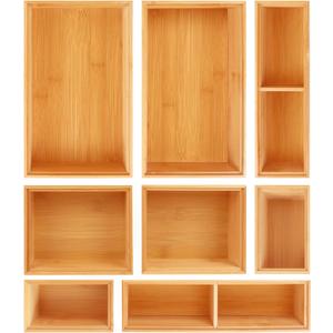 Bamboo Drawer Organizer Set, 8 PCS Multi-Use Wood Drawer Storage Boxes, Junk Drawer Organizer Divider Bins for Kitchen, Bathroom, Office Desk, Makeup, Jewelry, Utensils (Natural)