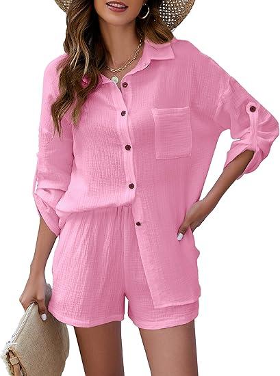 Flygo Women's 2 Piece Outfits Lounge Short Sets Cotton Linen Roll Up Sleeve Button Down Shirt Top Shorts Set (Large, Pink)
