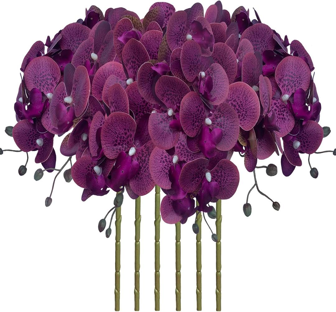 FagusHome 32 Inch Artificial Phalaenopsis Flowers 6 Pcs Artificial Orchid Flowers Stem Plants for Home Décor (Purple Piebald), FH1000143